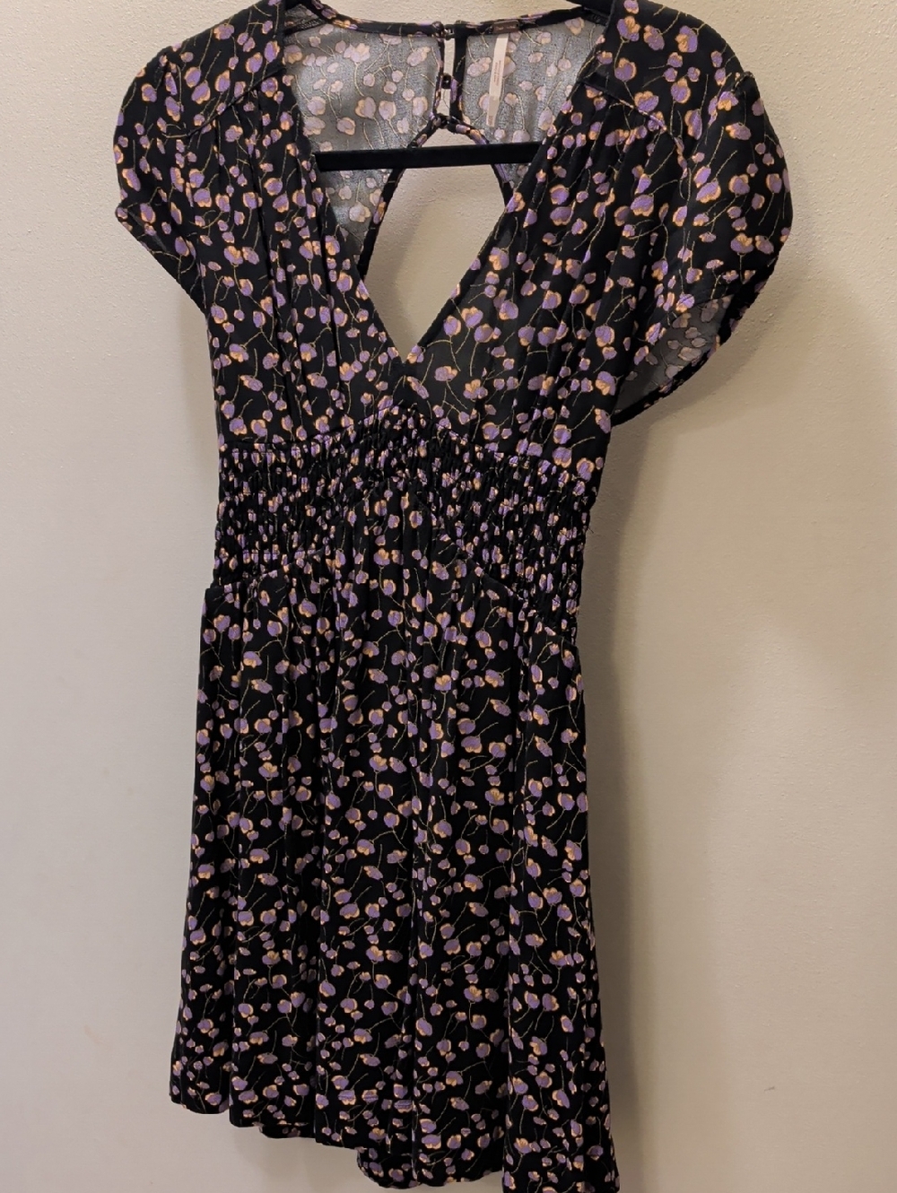 Free People Black Mini Dress with Lilac Floral Print XS